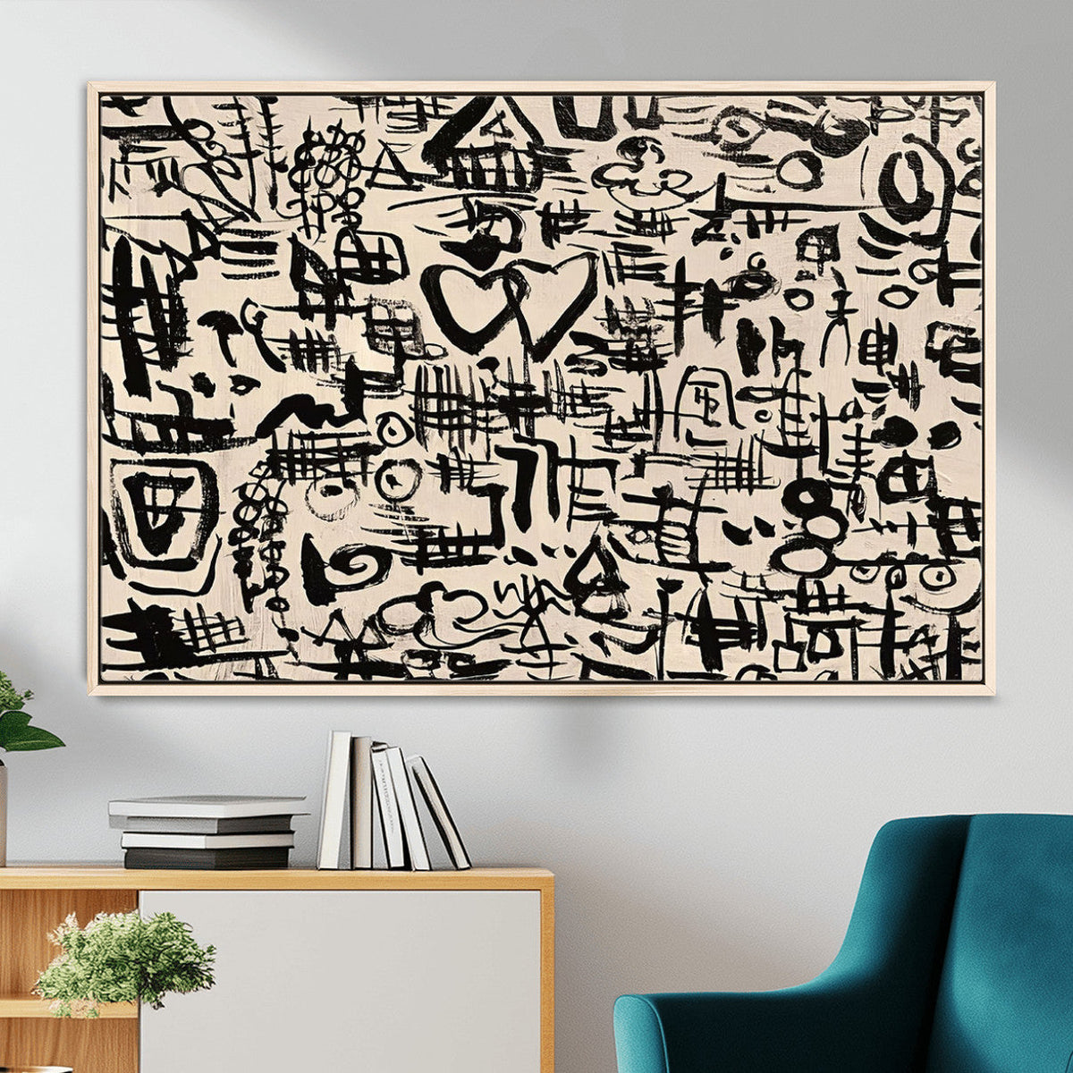 Abstract Love and Chaos Canvas Print, Black Symbols on Beige