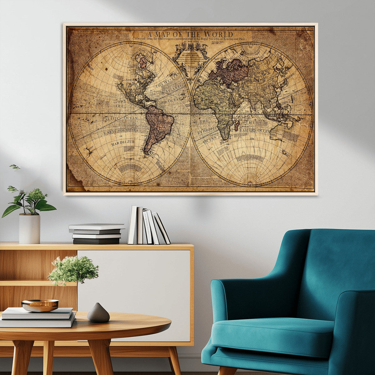 Vintage World Map Wall Art Canvas – Antique Style Push Pin