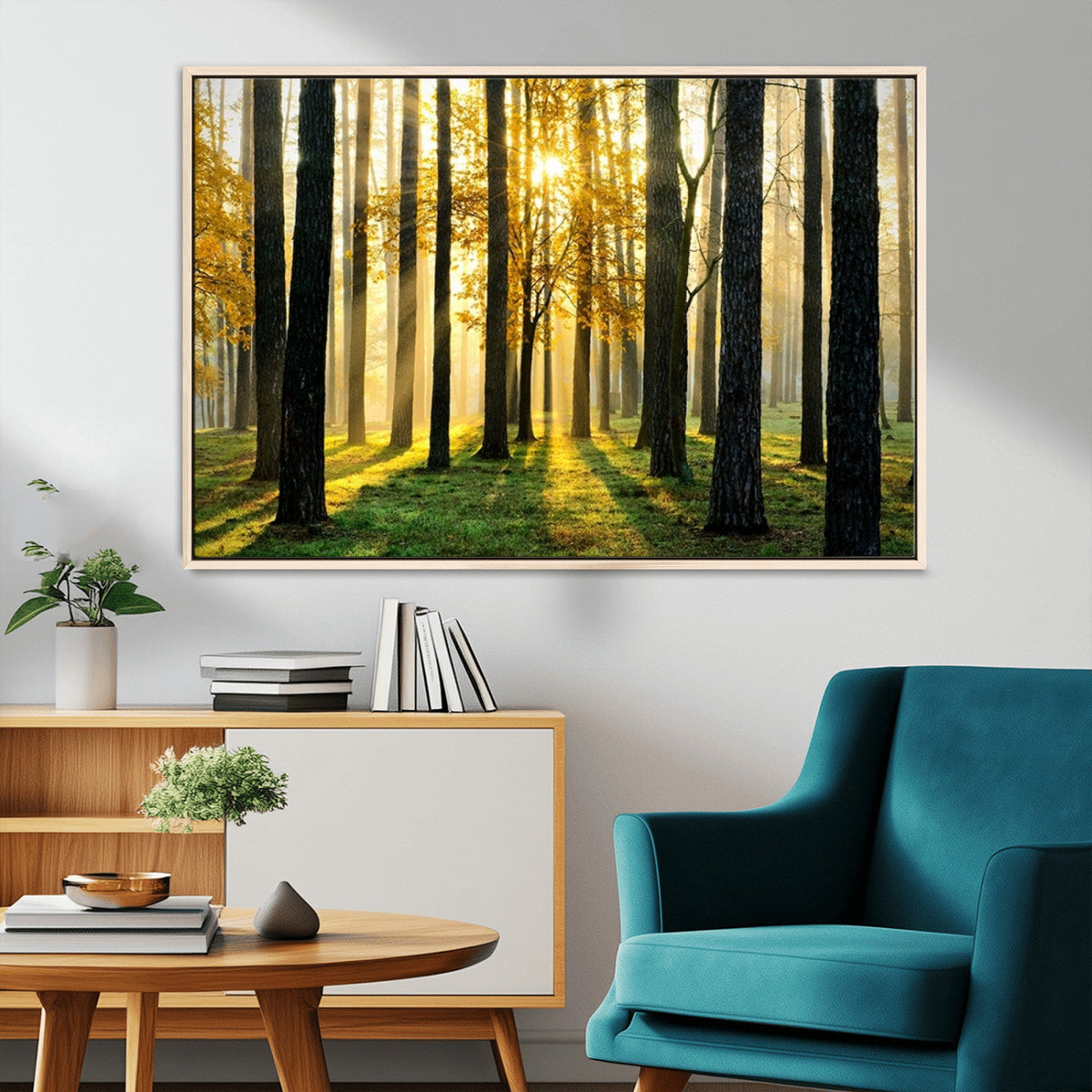 Sunlit Forest Wall Art Canvas Print – Large Framed Woodland