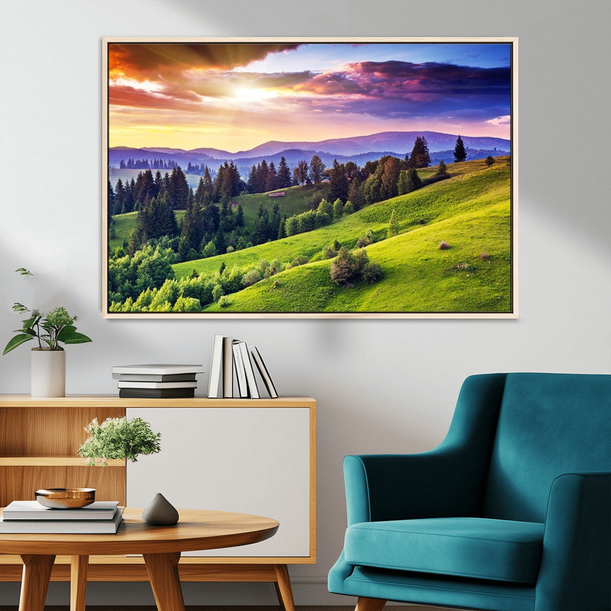 Green Hills and Sunset Wall Art Print - Scenic Landscape