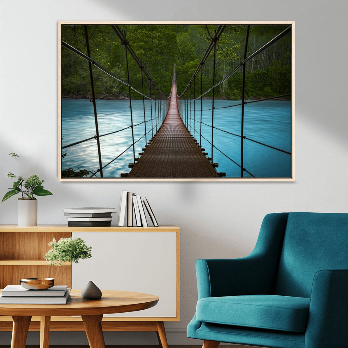 Suspension Bridge Over River Canvas Art | 3-Panel Nature
