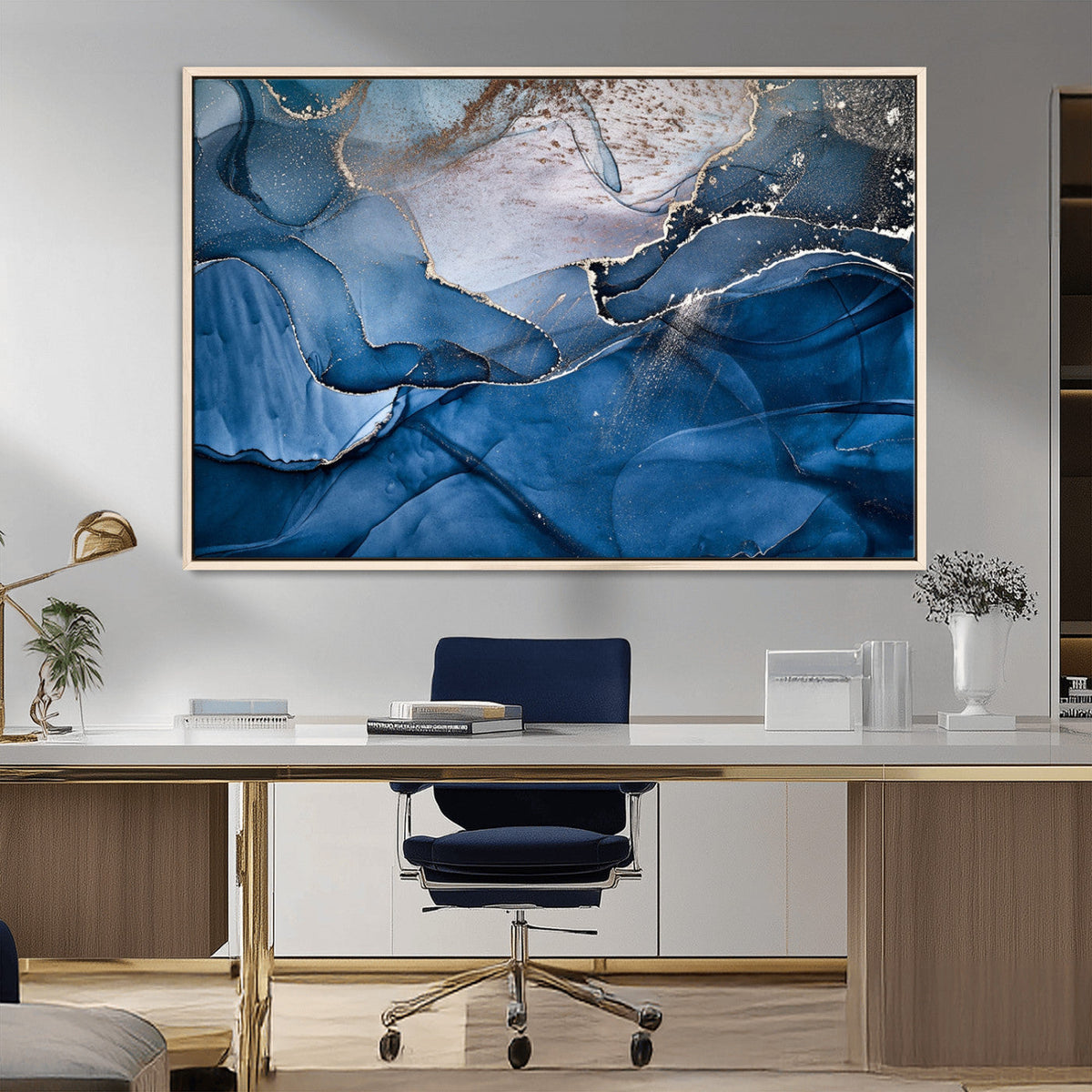 Navy Blue Canvas Art Abstract Print – Elegant Triptych