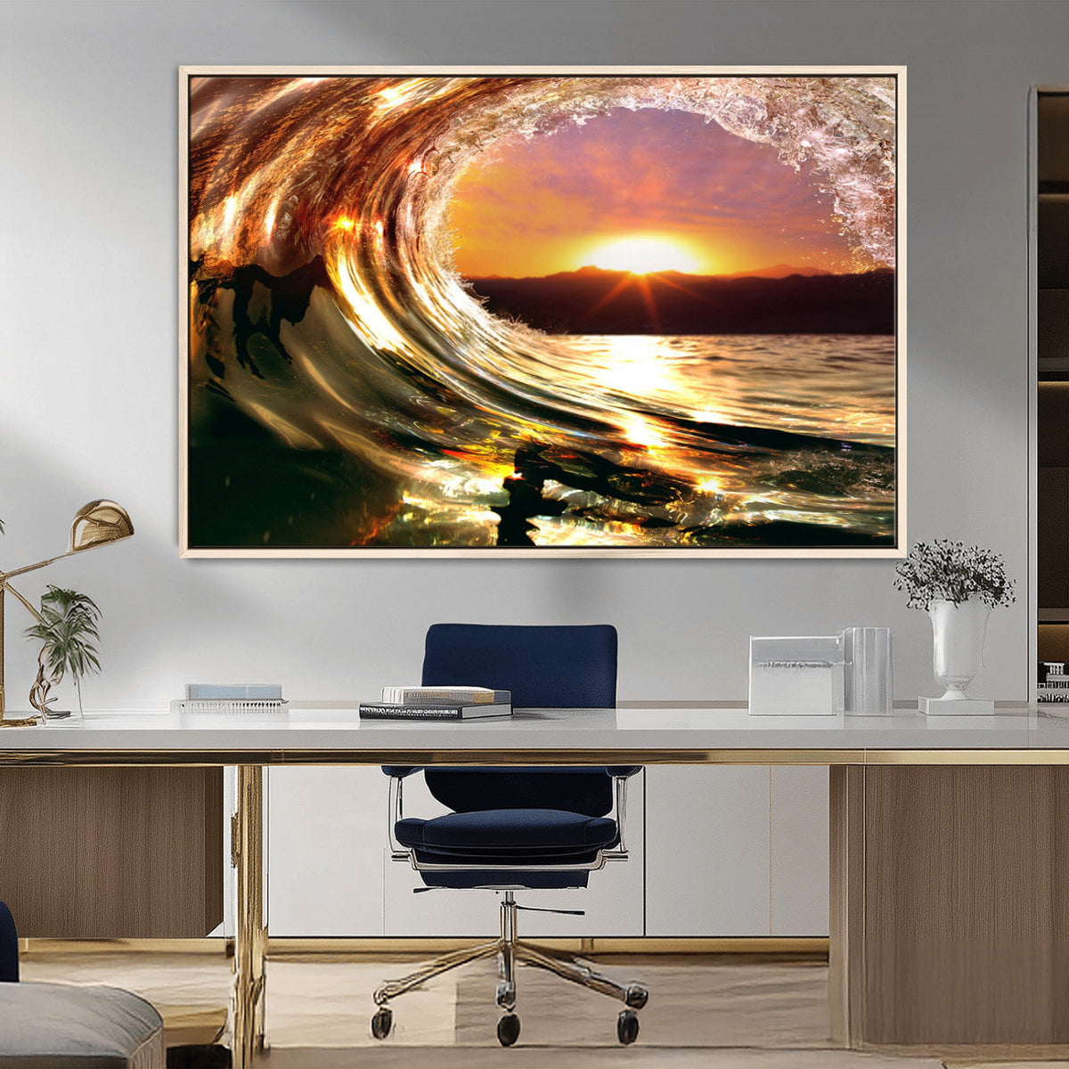 Golden Wave Sunset Triptych Canvas Art, Giclee Canvas Print