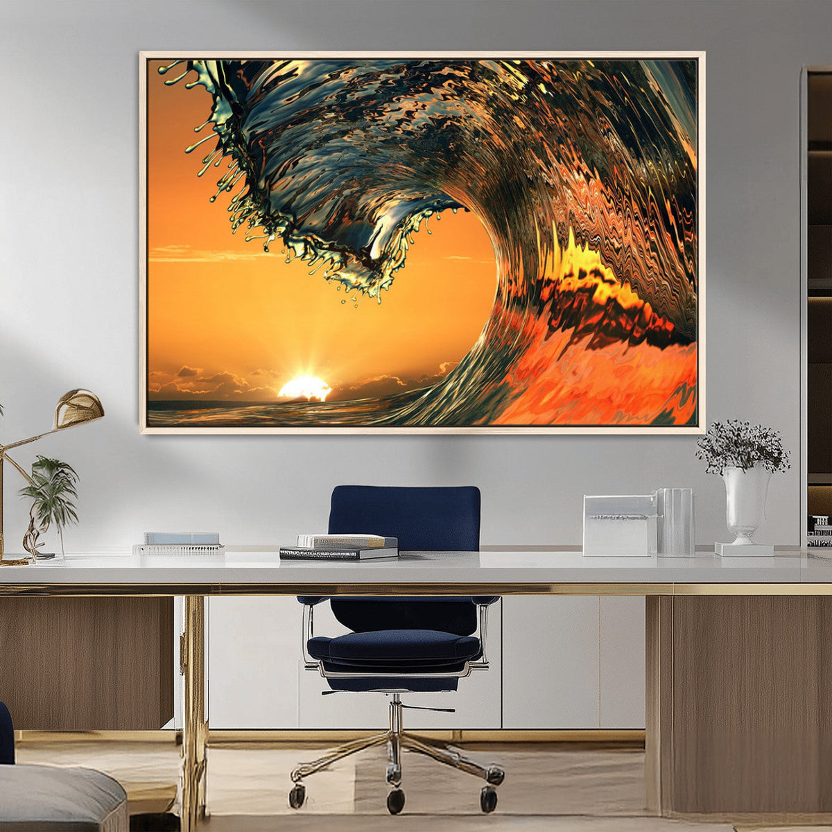 Surf Wave Sunset Canvas Wall Art Print, 3-Panel Ocean