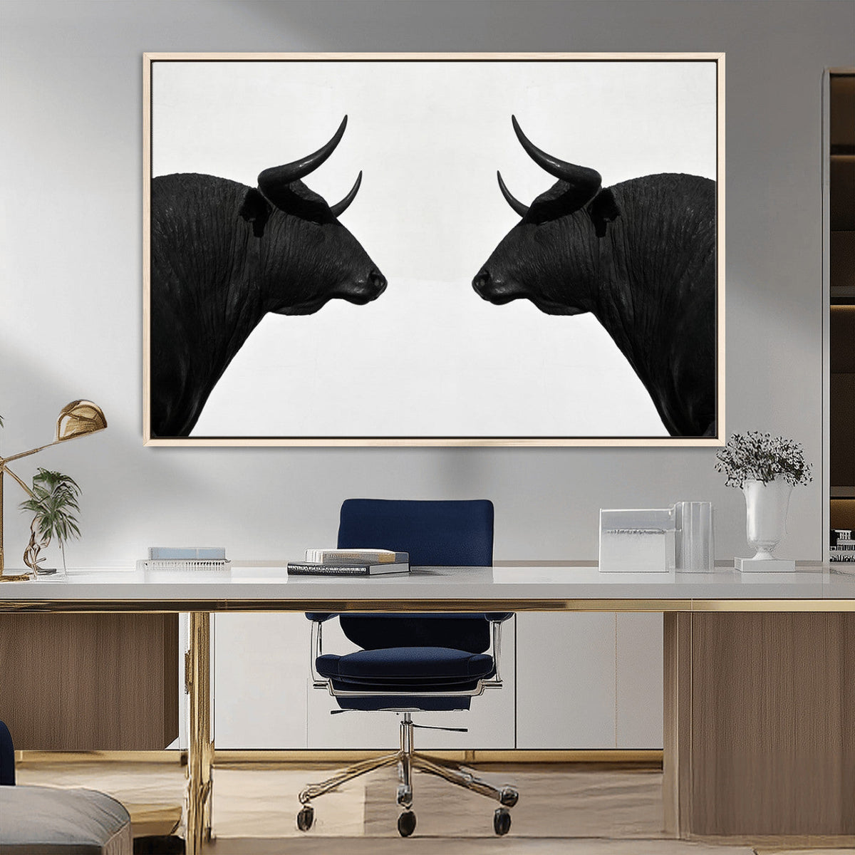 Spanish Bull Art - Framed Black and White Bull Canvas Print