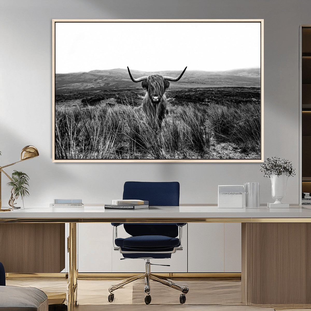 Black and White Highland Cow Canvas Wall Art, Longhorn