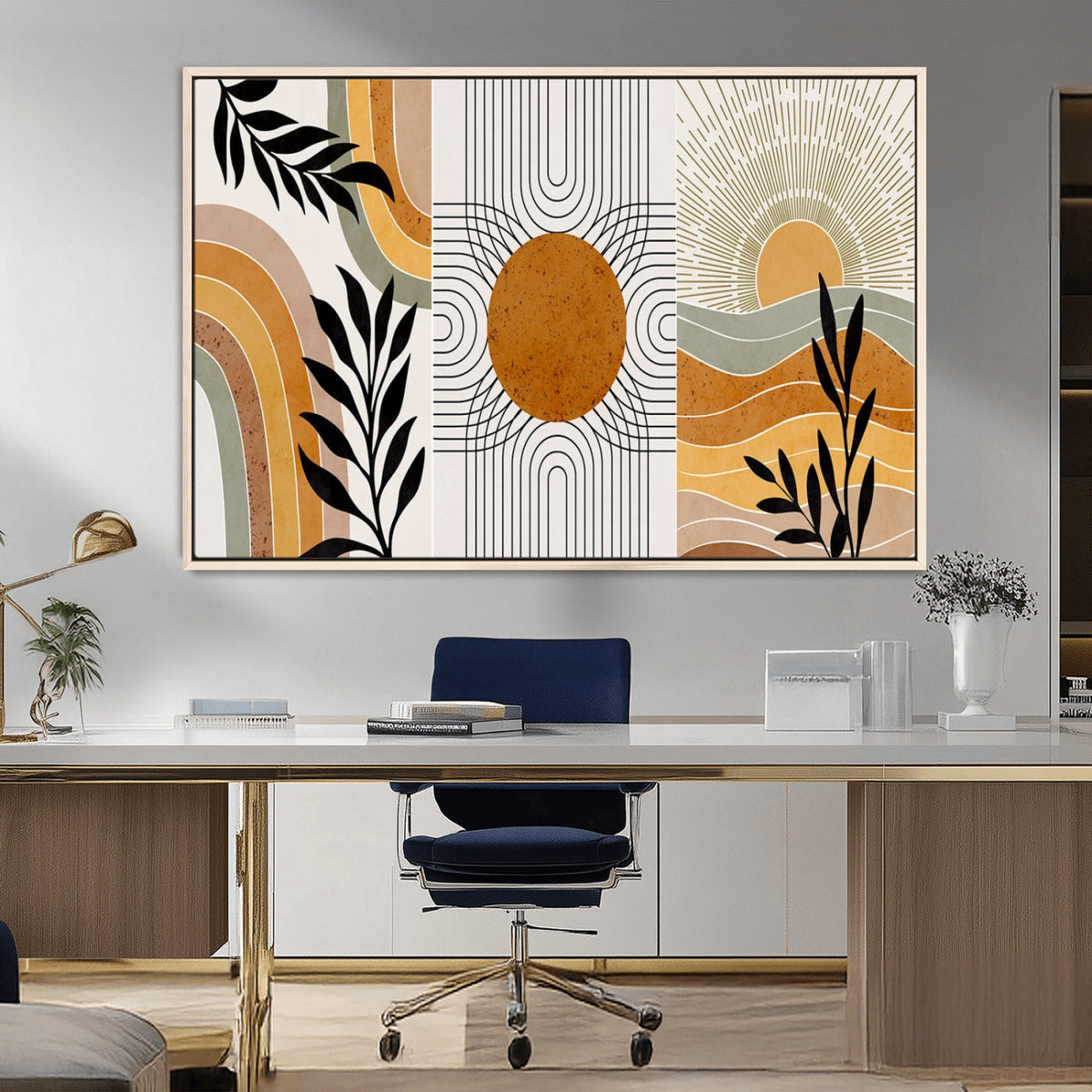 Modern Boho Sun and Leaf Abstract Art – 3-Panel Giclée
