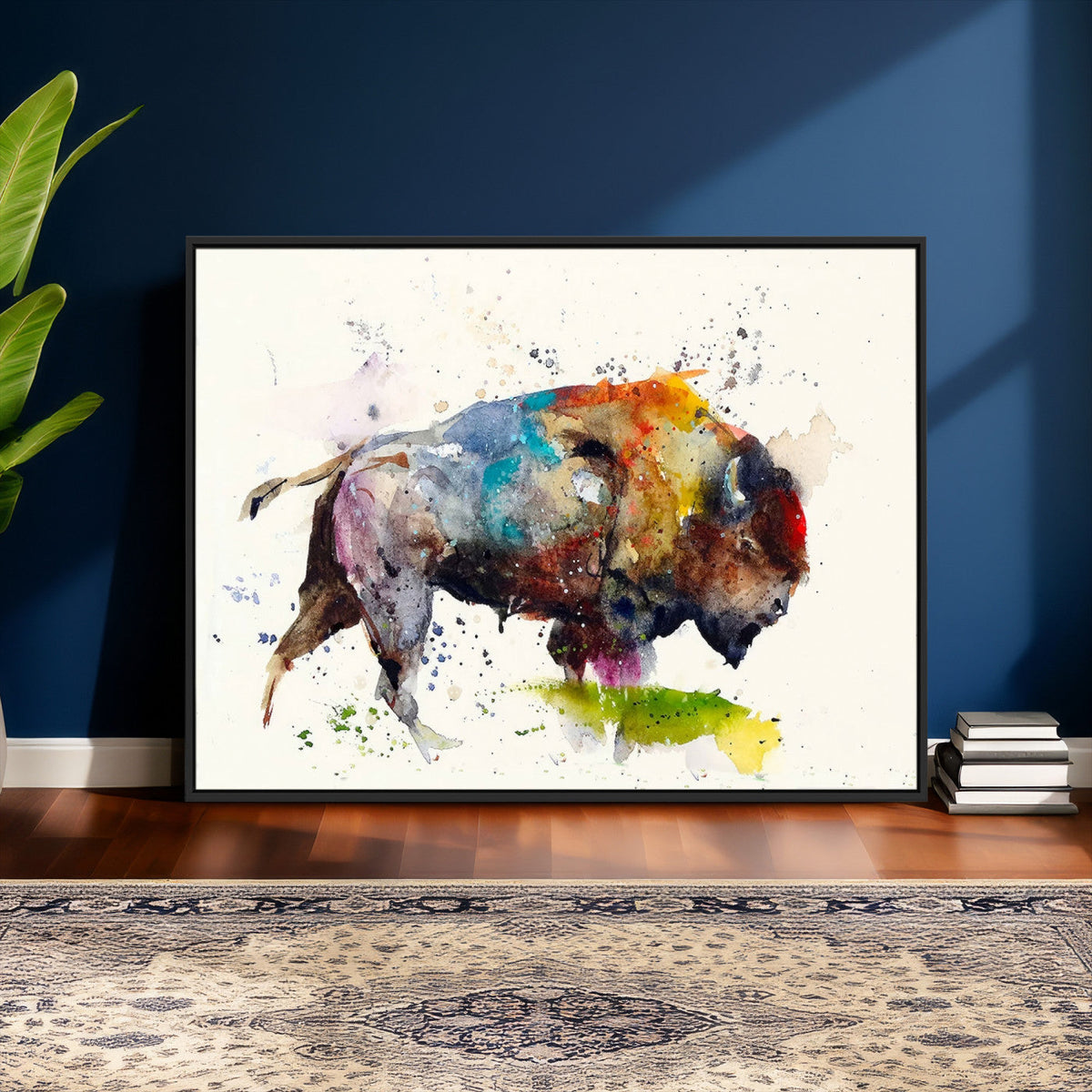 Abstract Buffalo Wall Art, Western Watercolor Bison Canvas