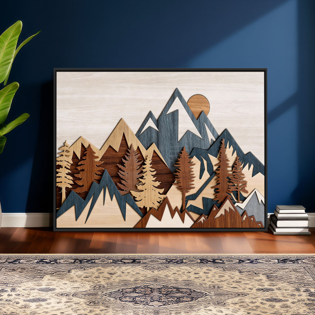 Rustic Abstract Wood Panel Effect Canvas Mountain Range Top