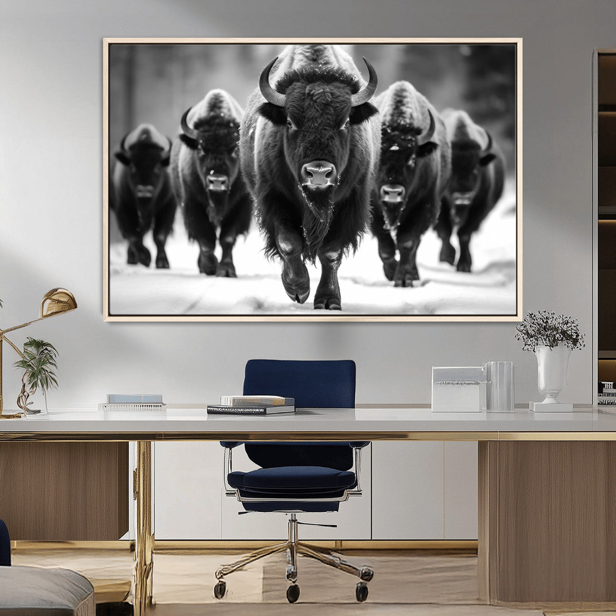 American Bison Art | Buffalo Herd Wall Art Canvas Print, BW