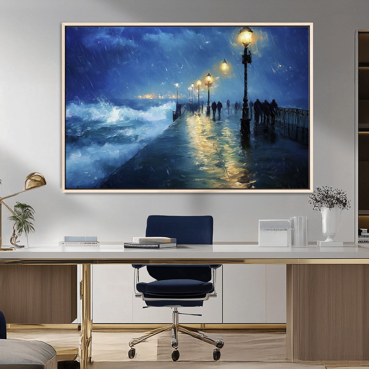 Storm Ocean Pier Canvas Wall Art Print - Large Moody Night