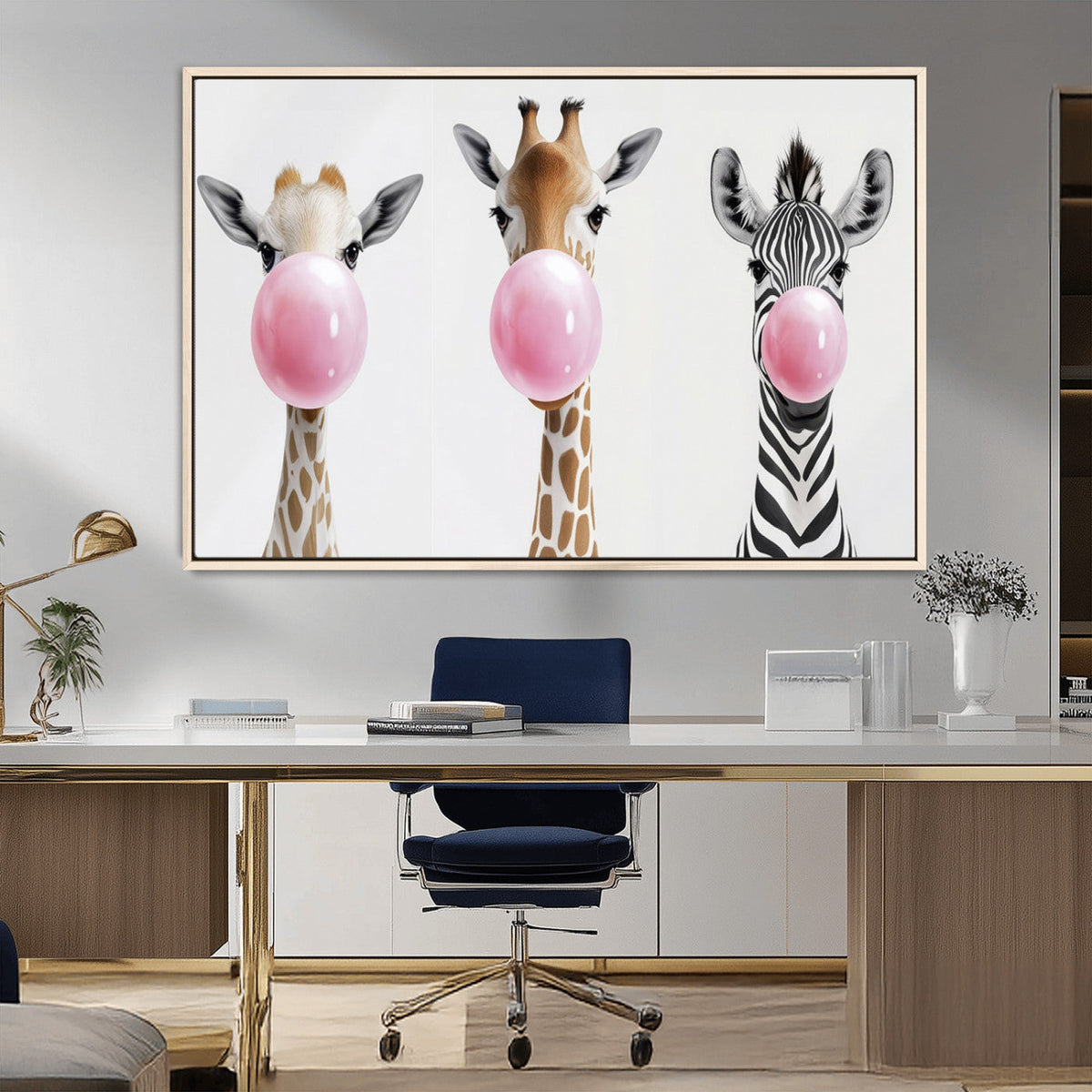 Bubblegum Animals Canvas Wall Art - Playful Giraffe and