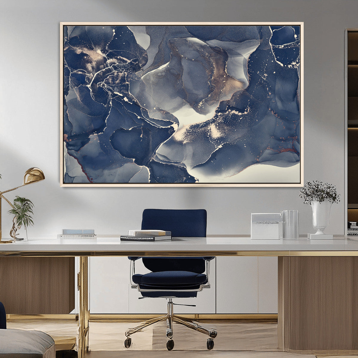 Large Abstract Blue and Gold Canvas Wall Art Fluid Ink