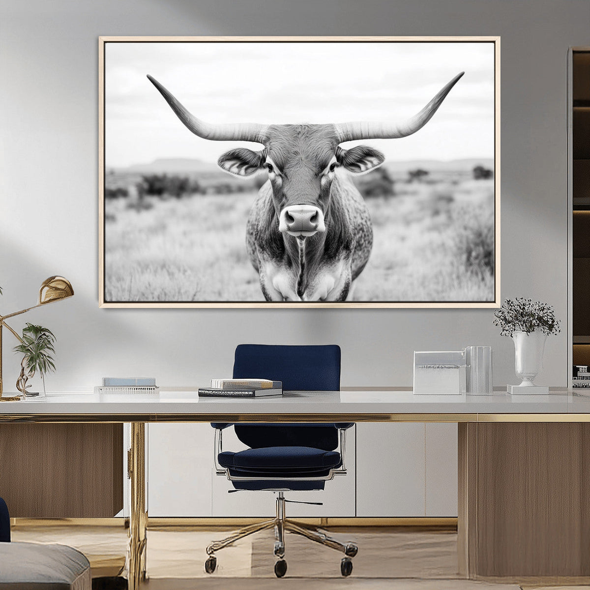 Highland Cow Wall Art Canvas Print – Black and White Western
