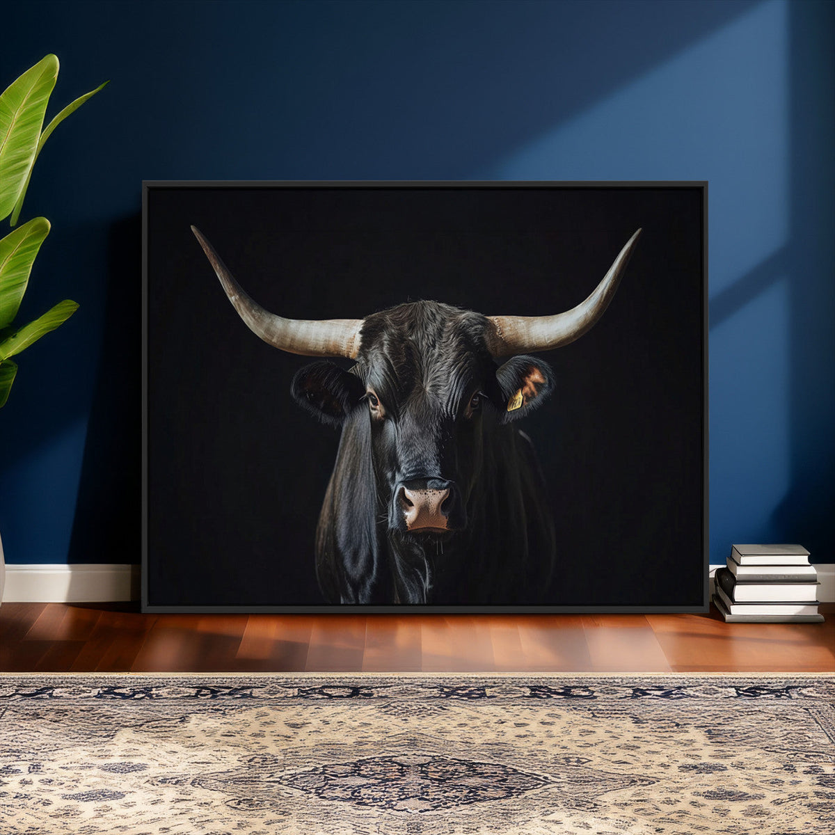 Majestic Longhorn Bull Wall Art Canvas Print – Dark