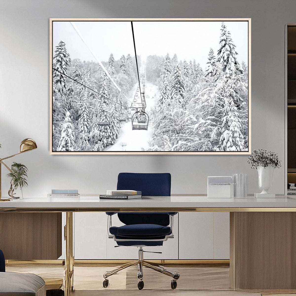Snowy Ski Lift Wall Art – Framed Winter Mountain Canvas