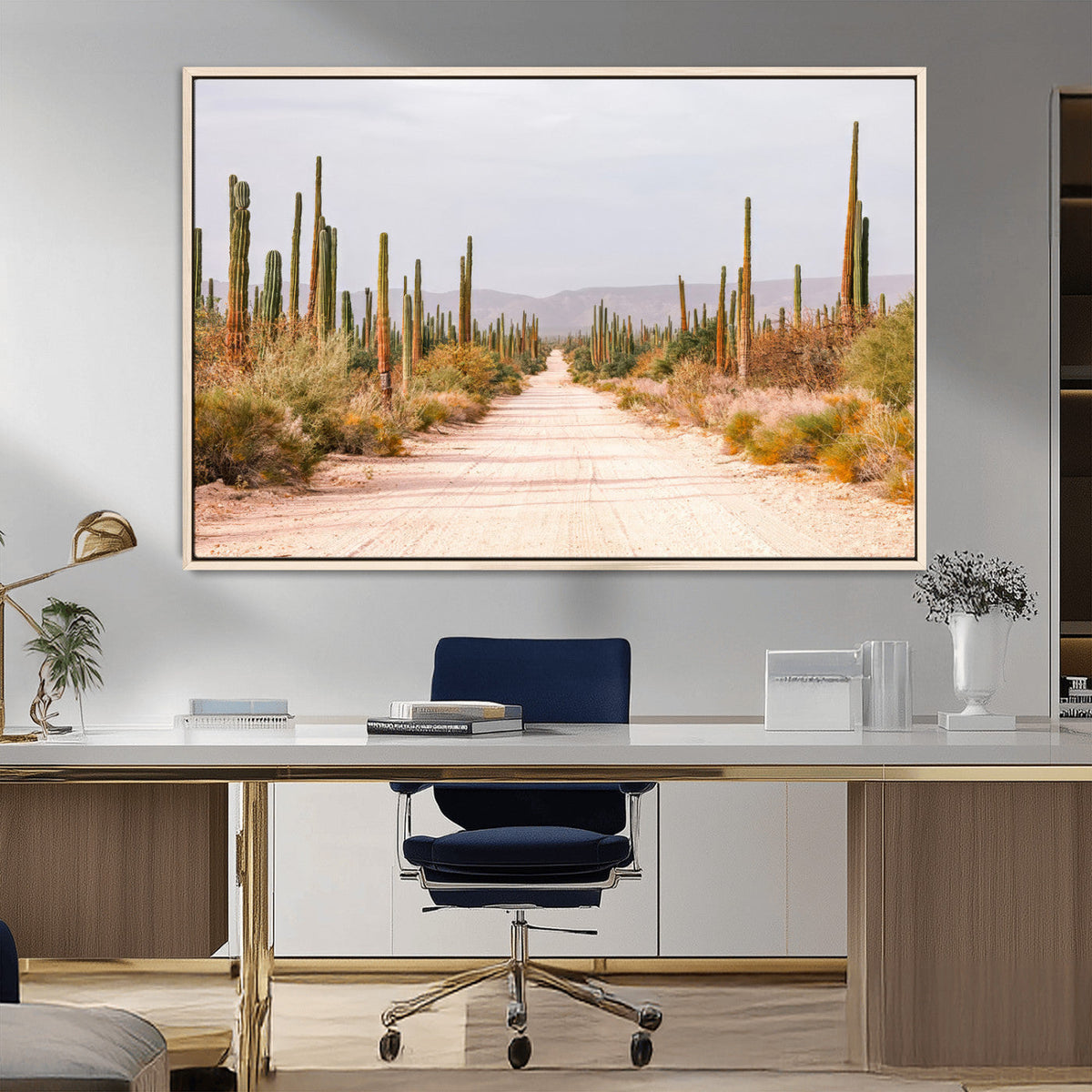 Desert Cactus Lined Road Wall Art Canvas Print – Framed