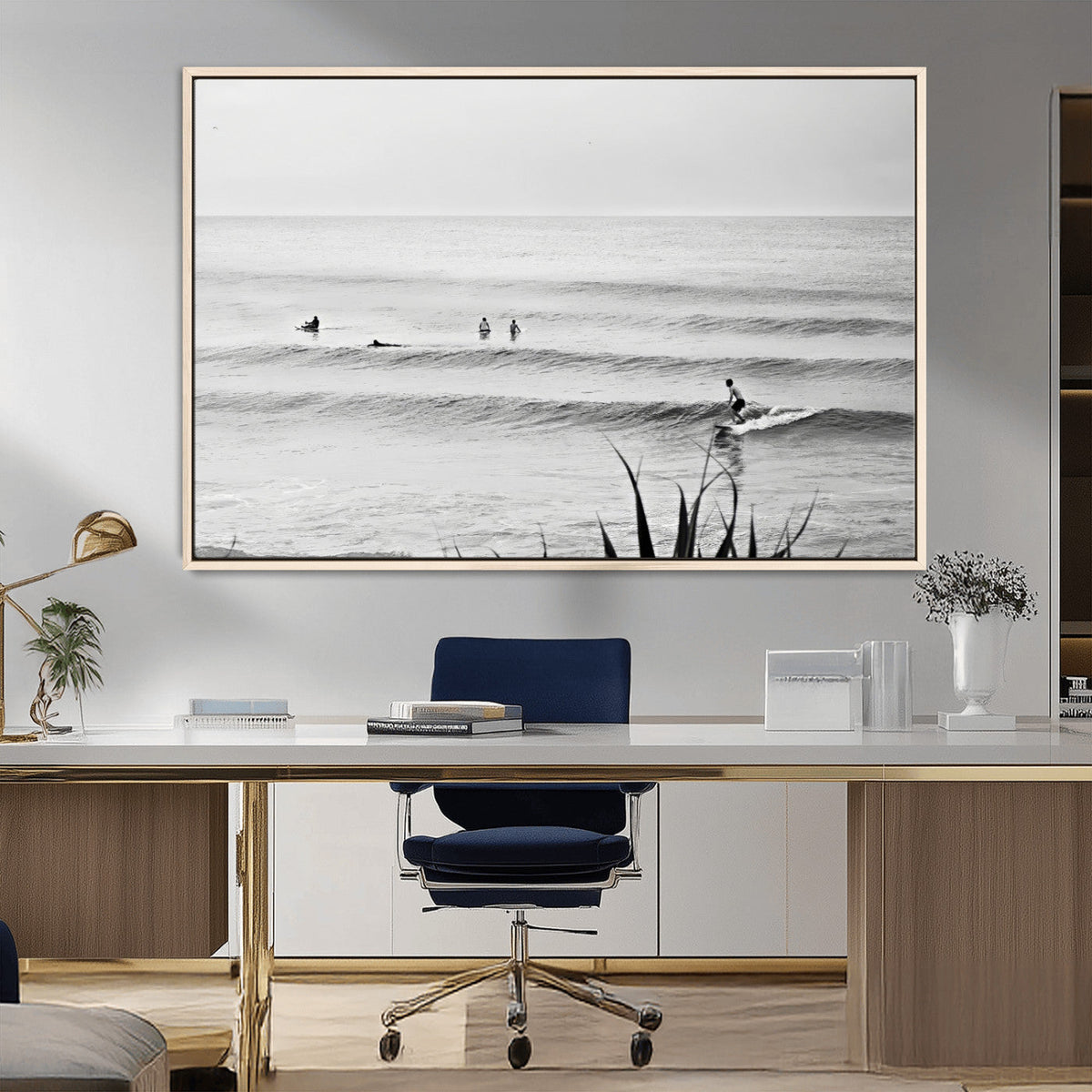 Surfer Silhouette Wall Art – Framed Calm Ocean Canvas