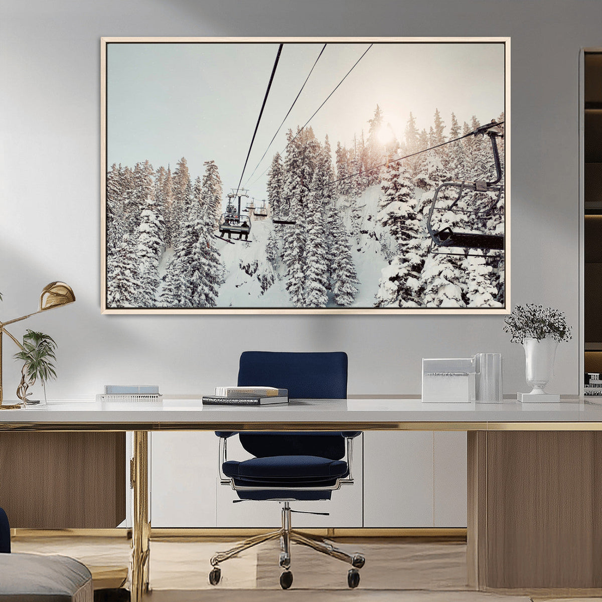 Frosty Pines Wall Art Canvas Print – Framed Cozy Cabin Ski