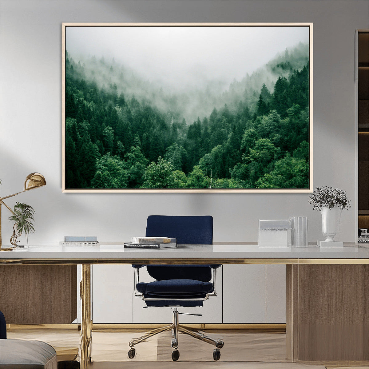Misty Green Forest Canvas Print – Framed Serene Foggy Pine