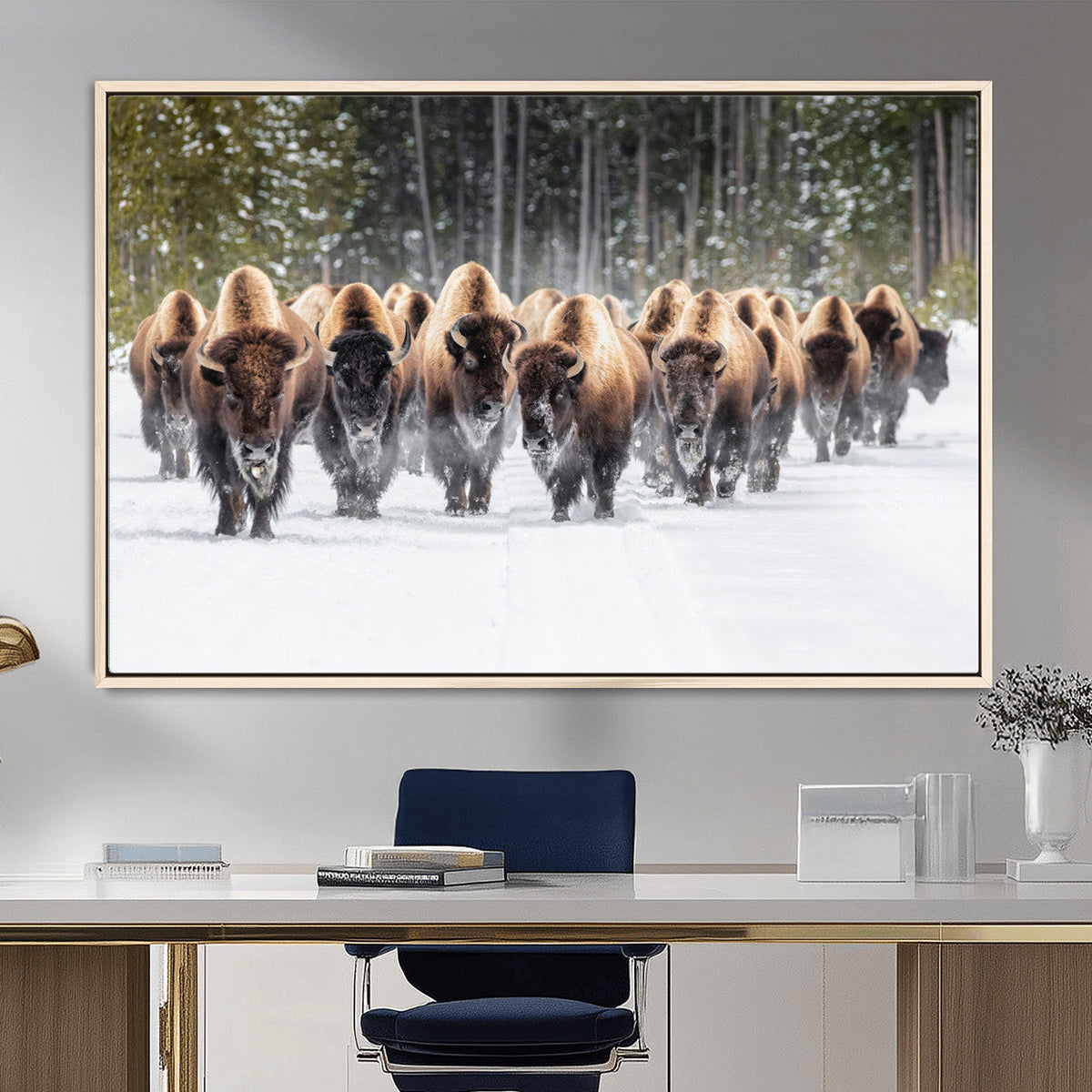 American Bison Herd Wall Art Canvas Print – Powerful Winter