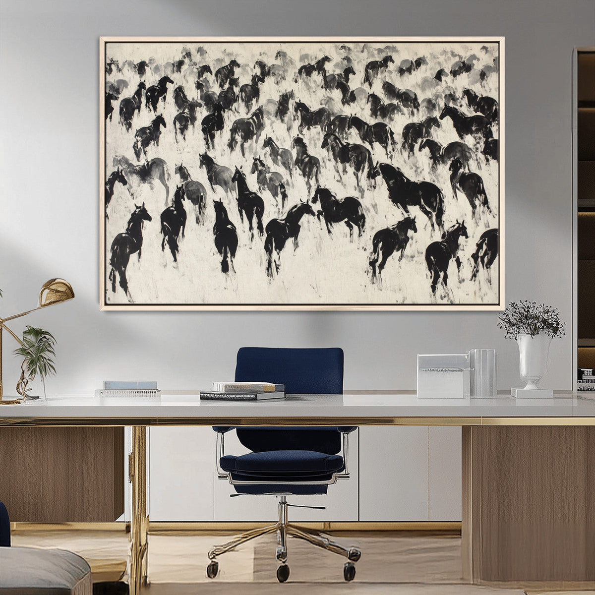 Wild Horse Stampede Wall Art Canvas Print – Monochrome