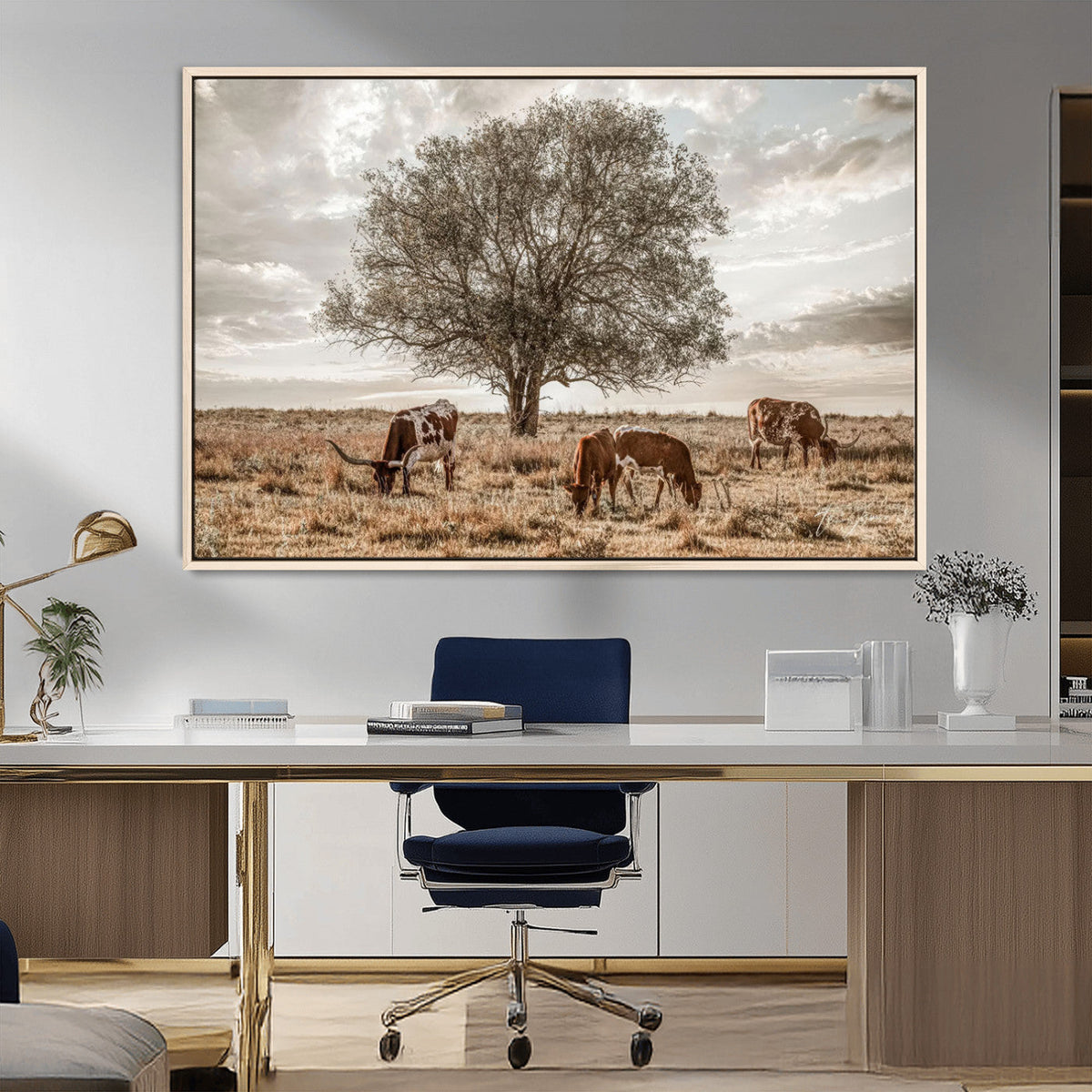 Texas Longhorn Cattle Wall Art, Rustic Western Ranch Canvas