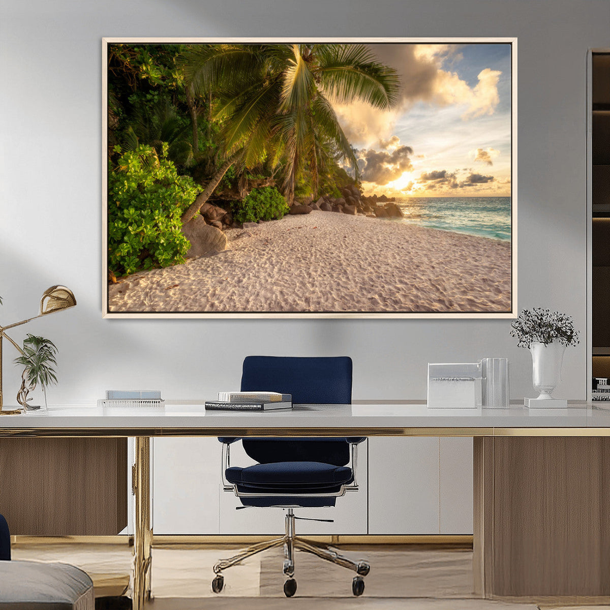 Tropical beach sunset, palm trees, white sand, ocean waves,
