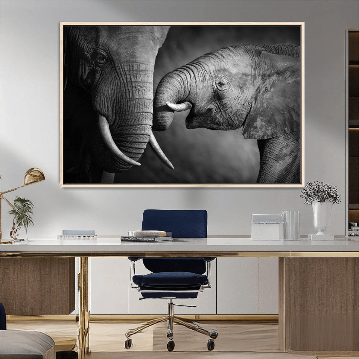 Elephant Family Wall Art Canvas, Framed Elephant Family