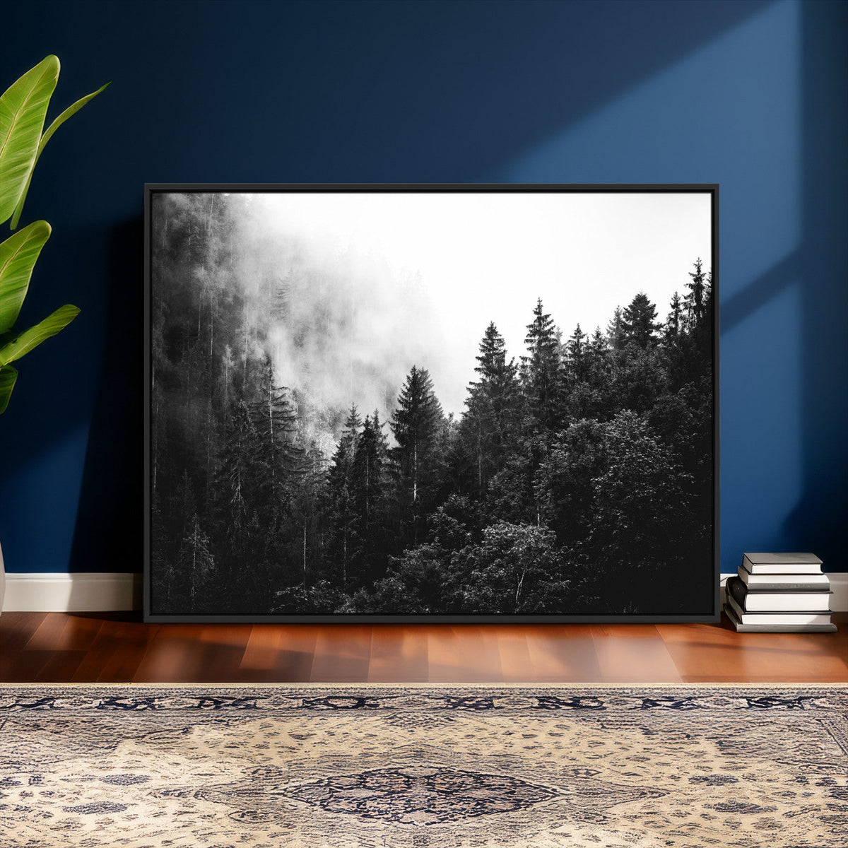 Black White Forest Wall Art Canvas Print, Misty Pine Tree