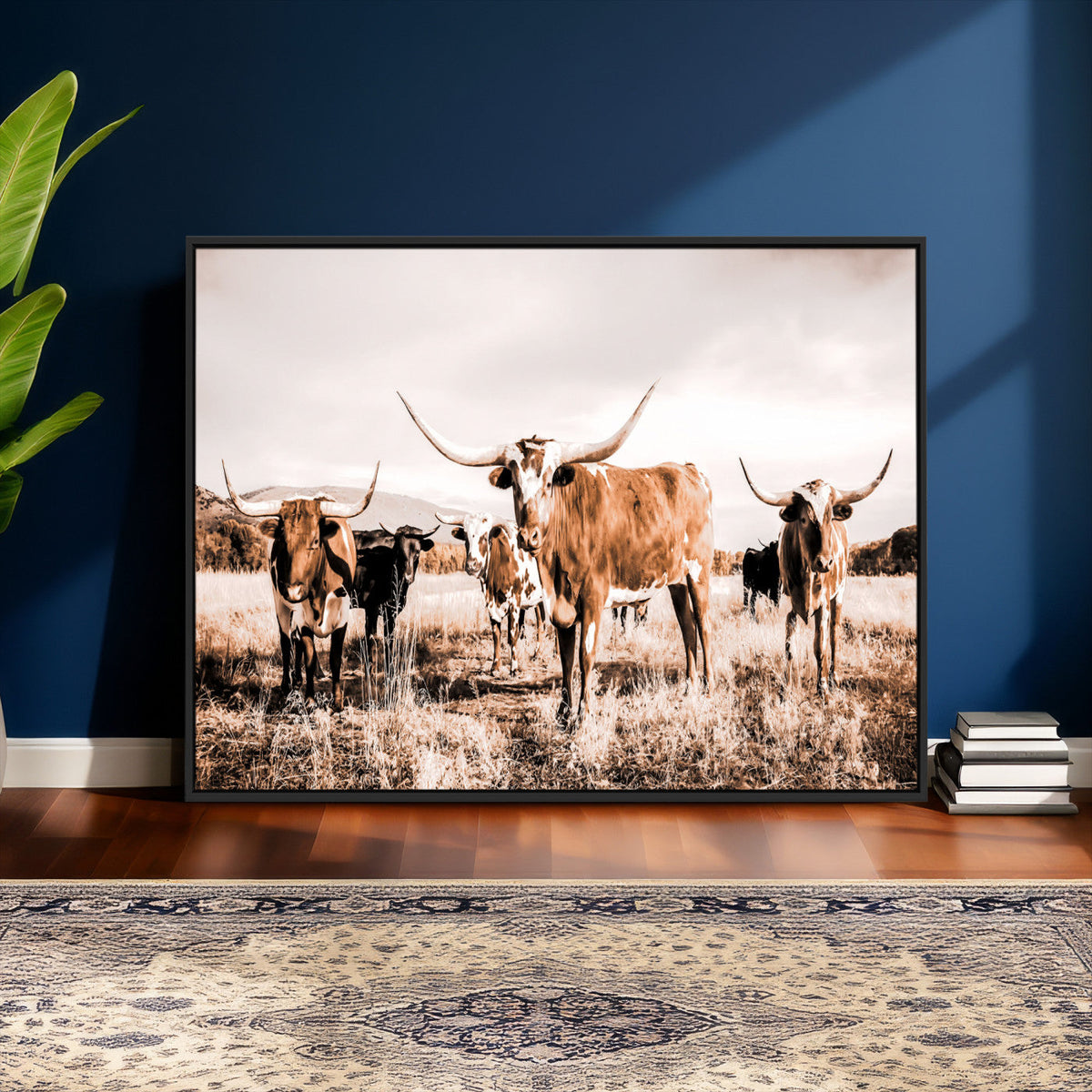 Texas Longhorn Cattle Wall Art Canvas Print, Sepia Western