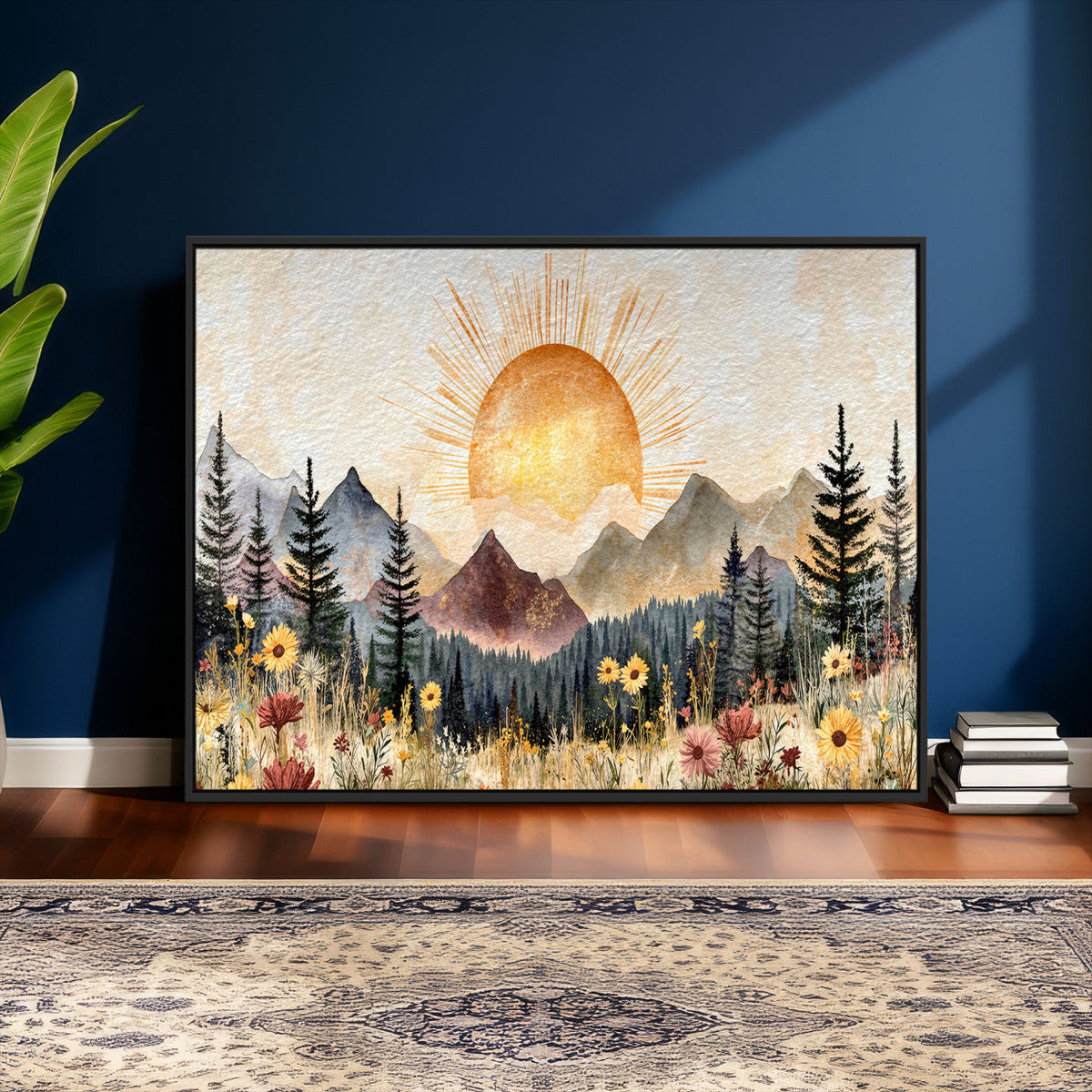 Boho Mountain Landscape Large Wall Art, Horizontal Gold