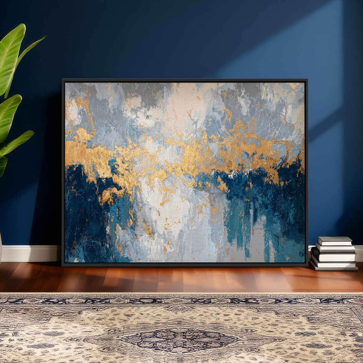 Blue Gold Abstract Large Framed Canvas Wall Art, Modern