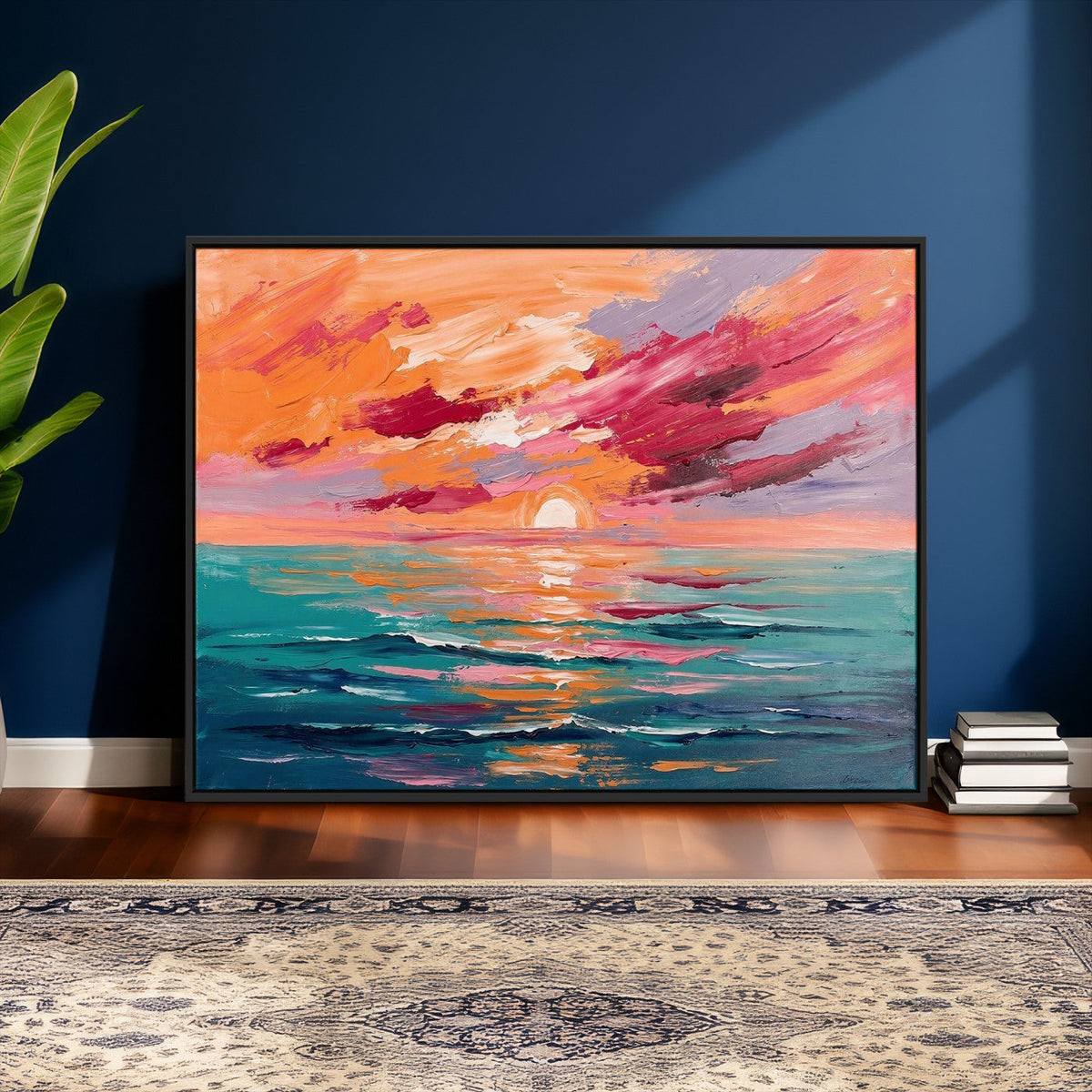 Bold Palette Knife Ocean Sunset Canvas — Orange Pink Teal