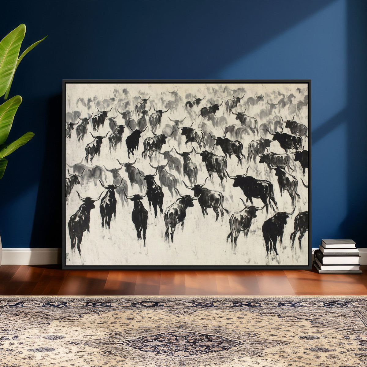 Longhorn Cattle Canvas Wall Art, Black White Stampede Ink
