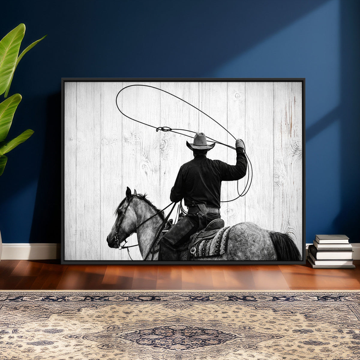 Cowboy Lasso Canvas Wall Art, Black White Western Horse