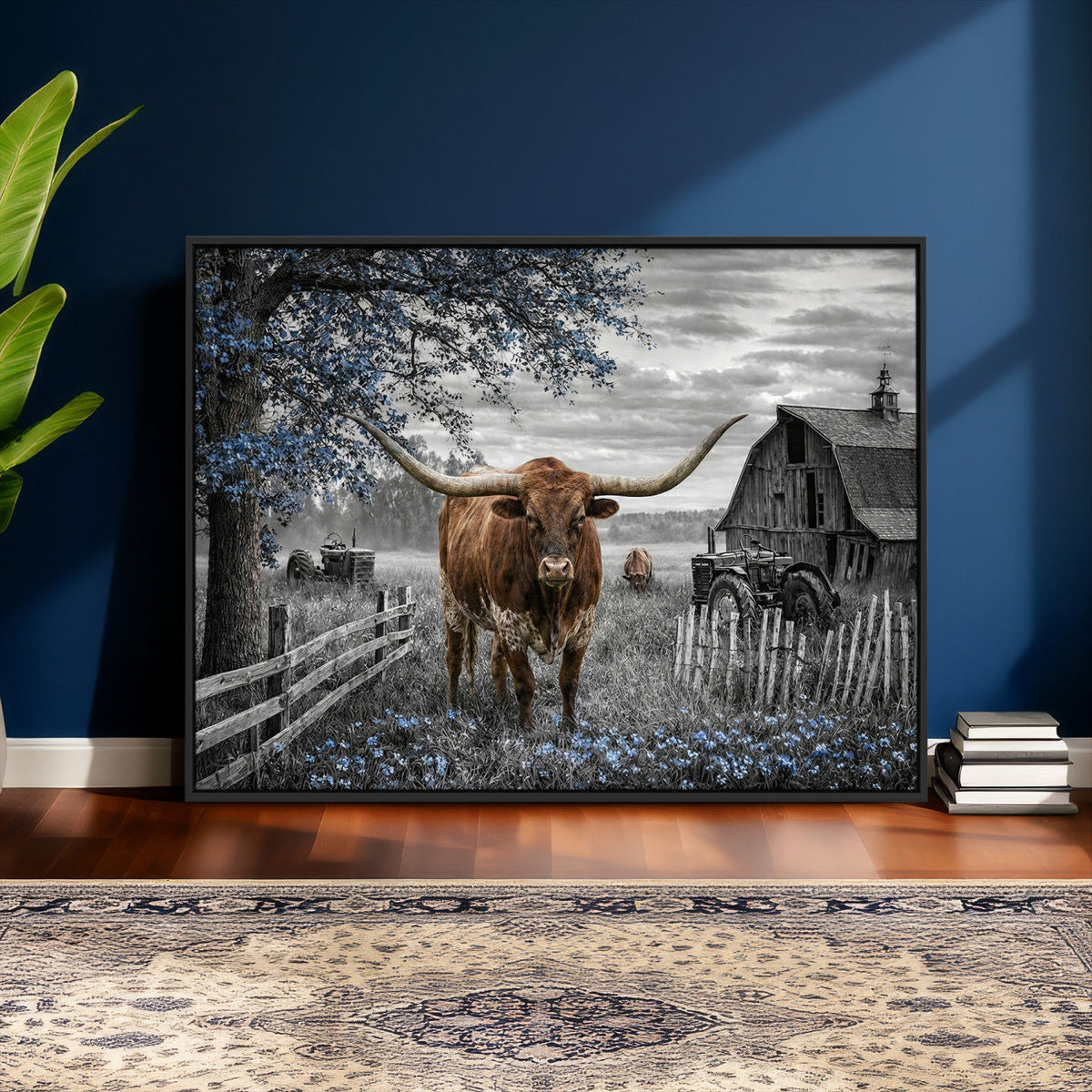 Texas Longhorn Canvas Wall Art, Rustic Farm Barn Bluebonnet