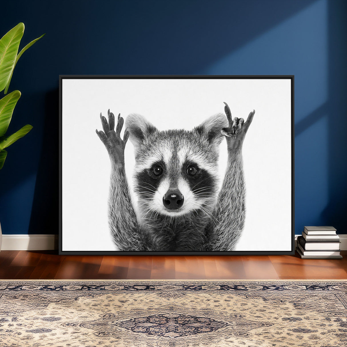 Funny Raccoon Canvas Wall Art, Black White Hands Up Animal Photo Print, Humorous Wildlife Decor, Kids Room Nursery Art, Quirky Animal Gift