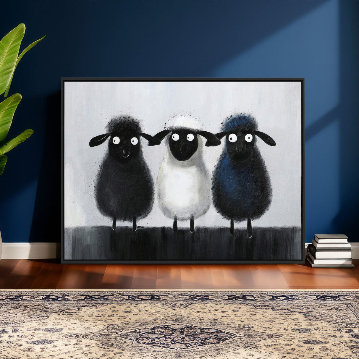 Funny Sheep Canvas Wall Art, Three Quirky Sheep Painting Print, Cute Animal Nursery Decor, Black White Navy Farmhouse Art, Kids Room Gift