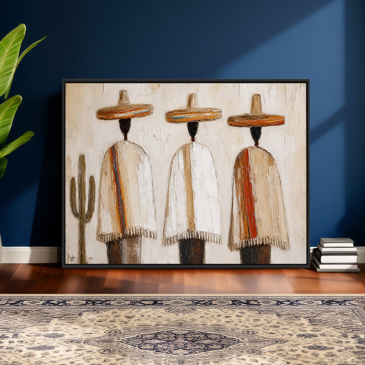 Mexican Wall Art Canvas Print, Southwestern Sombrero Poncho Painting, Neutral Earthy Boho Decor, Fiesta Living Room Art, Impasto Style Print