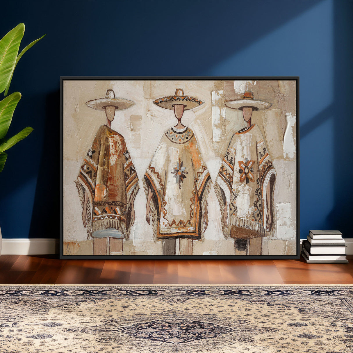 Mexican Folk Art Canvas Wall Art, Charro Poncho Sombrero Painting Print, Neutral Beige Boho Decor, Southwestern Impasto Style, Living Room Art