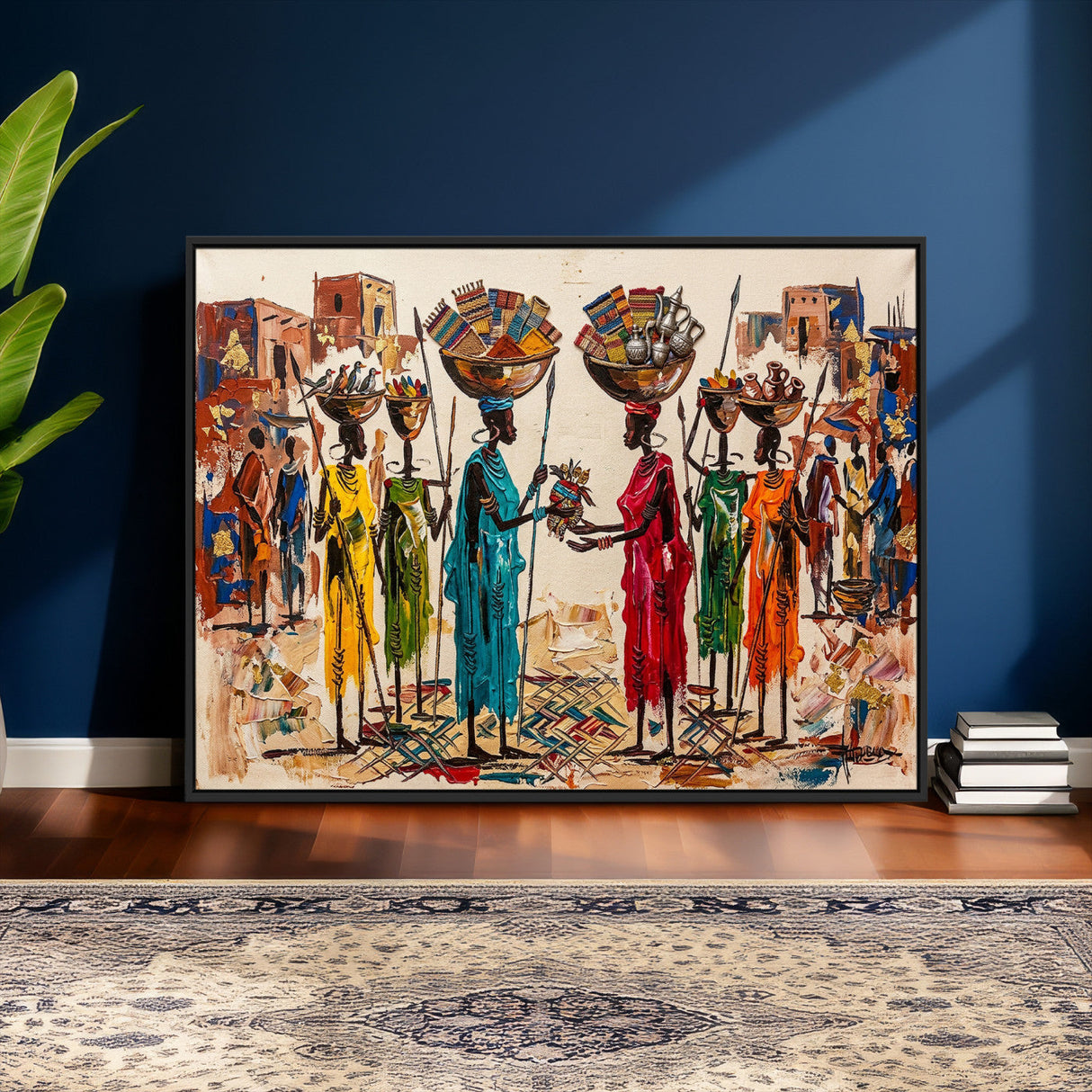 African Folk Art Canvas Wall Art, Colorful African Women Village Painting Print, Tribal Ethnic Home Decor, Vibrant African Art, Living Room