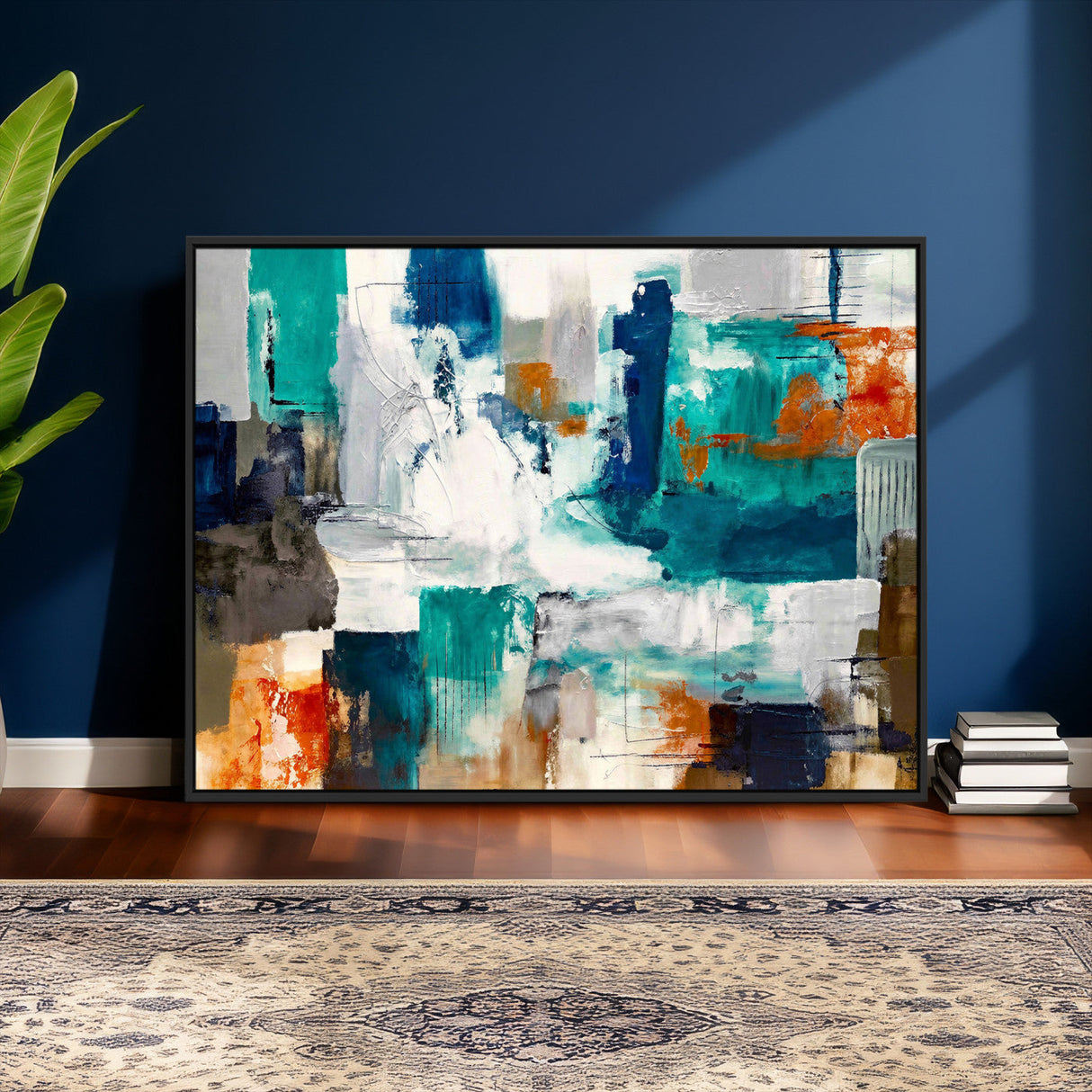 Blue Teal Abstract Canvas Wall Art, Modern Textured Painting Print, Navy Orange White Contemporary Art, Neutral Living Room Decor, Office Art