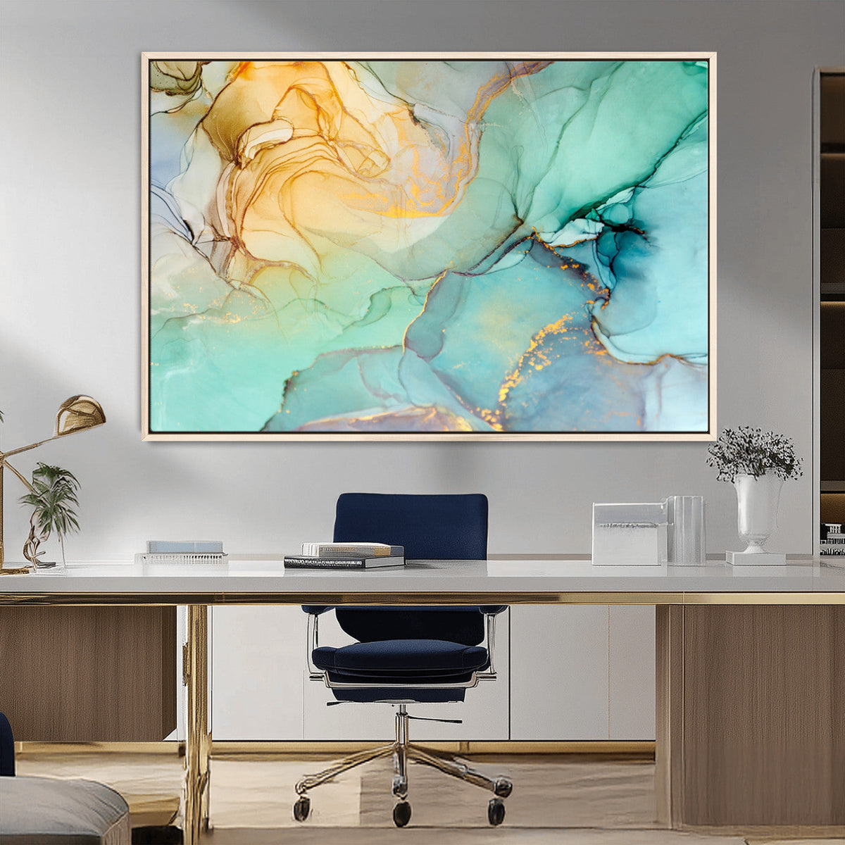 Abstract Aqua and Gold Fluid Wall Art Canvas | 3 Panel Large