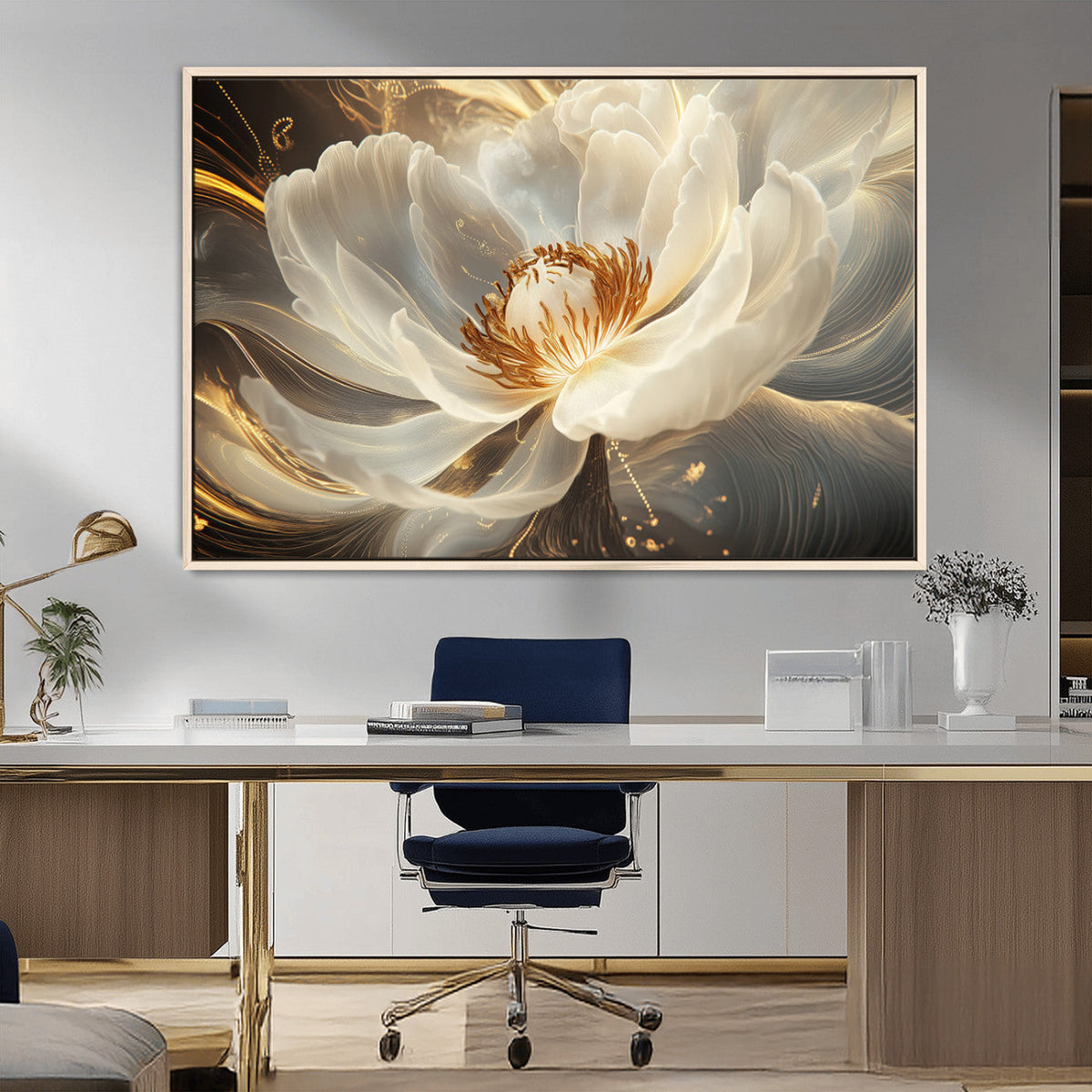 Gold Floral Wall Art Canvas Print, Framed Modern Flower Art
