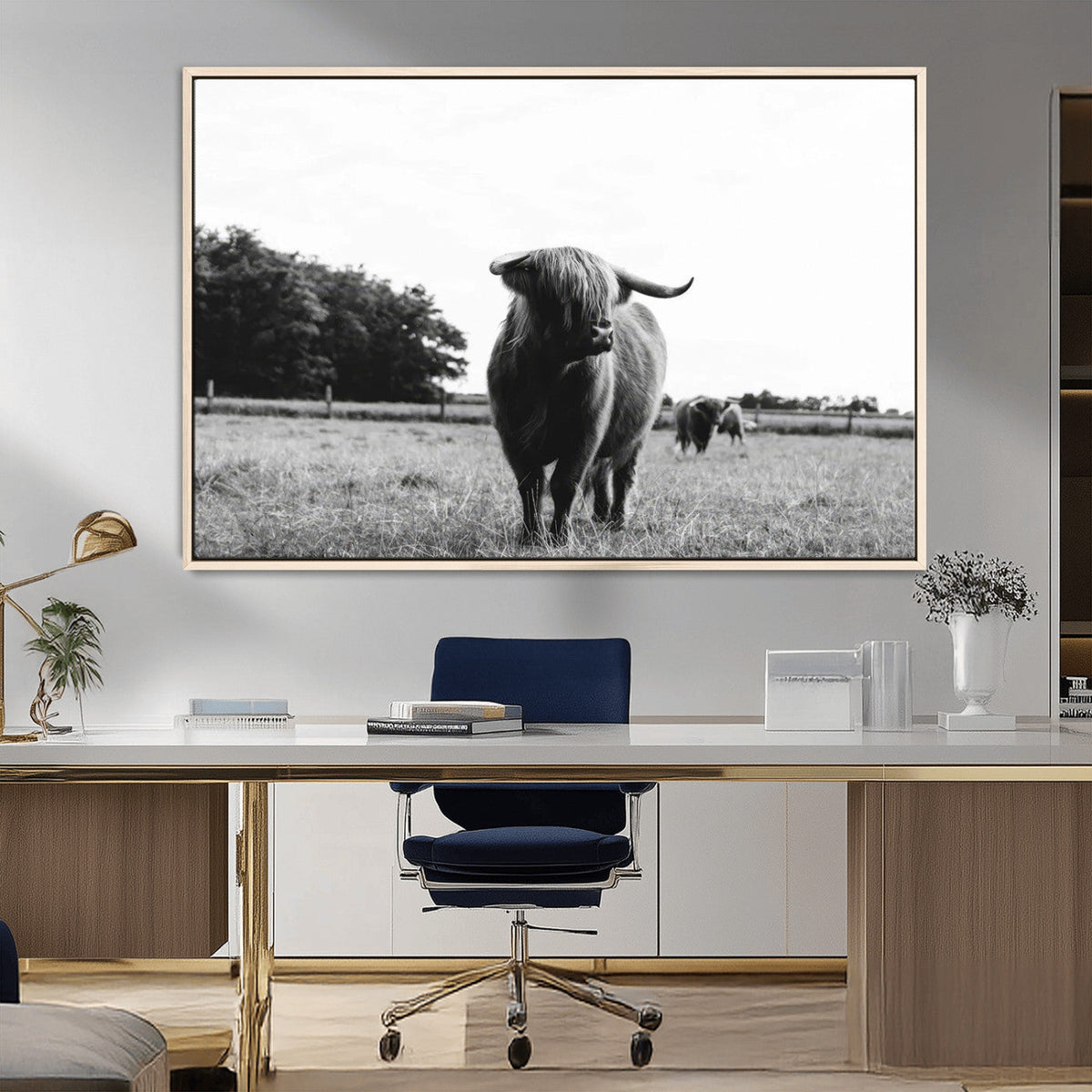 Black and White Highland Cow Wall Art Canvas Print | Rustic