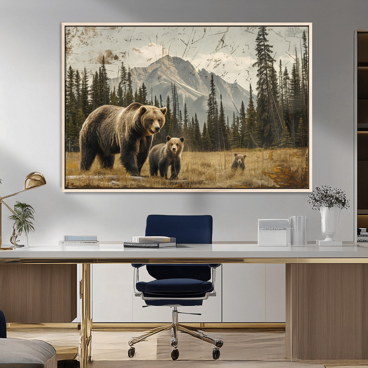 Rustic Grizzly 399 Bear Family Wall Art Canvas Print