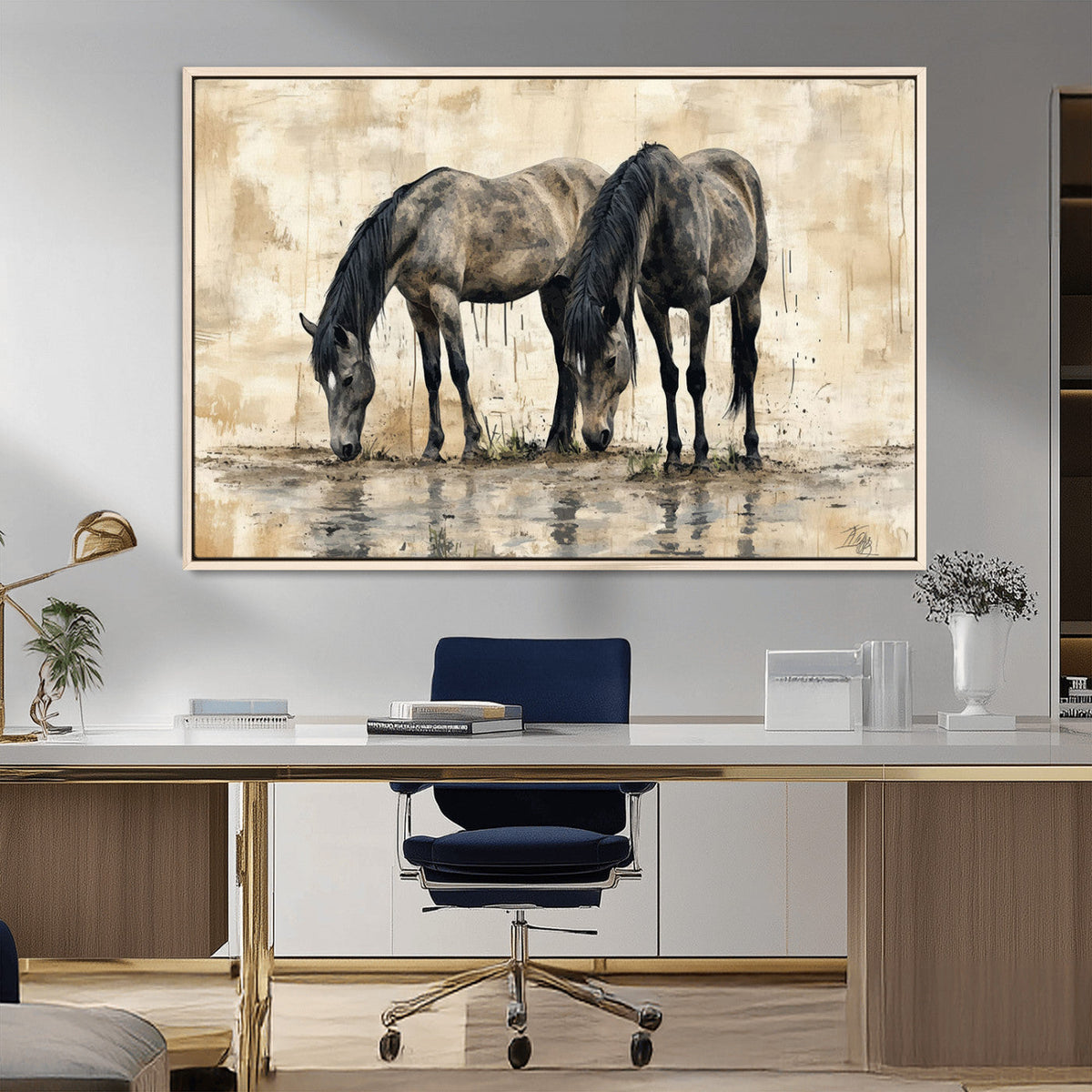 Chinese Style Abstract Black Horses Wall Art Canvas Print -