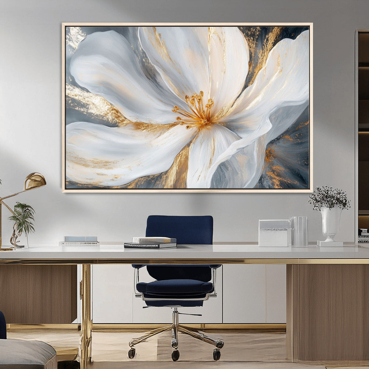 White and Gold Floral Canvas Wall Art - Framed and Ready to