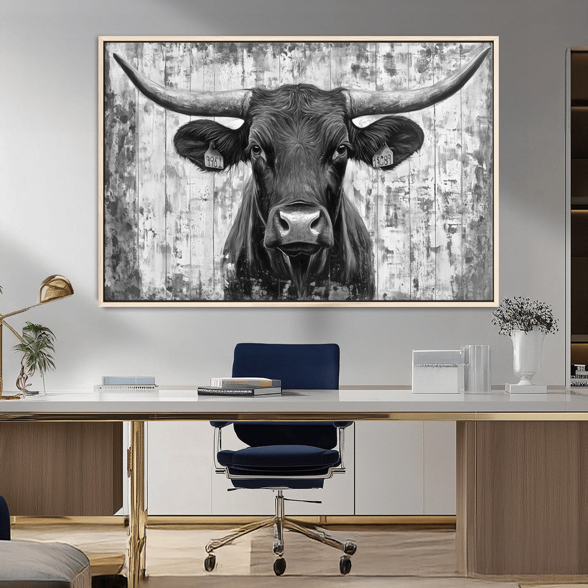 Abstract Longhorn Bull Wall Art Canvas Print - Rustic Texas